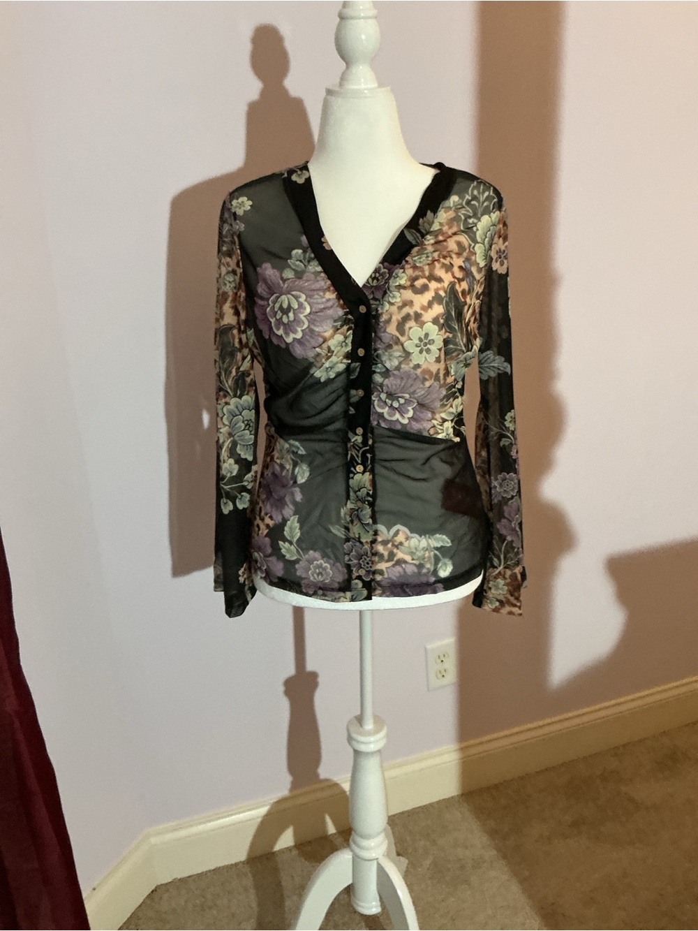 Floral V-Neck Button Front Sheer Top - Black with Purple & Green Floral